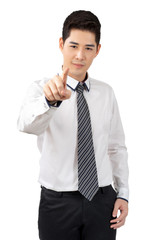 Happy young businessman looking hand in suit on white background, isolated concept