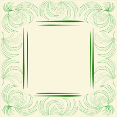 Stylish trendy label mock-up frame with leaves of palm green pattern on a pale beige background with a block with copy space for text