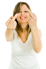 Open minded blond woman shows rude gesture - middle finders, focused on face - white background