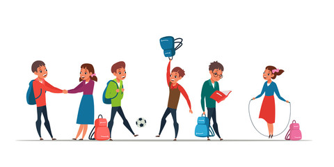 Fototapeta premium Schoolkids having break vector illustrations set