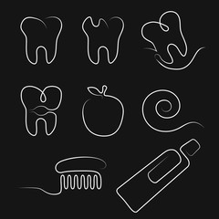 White line icons dental care in whimsy style. Chalk hand draw  style on black