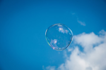 one round soap bubble on the blue sky