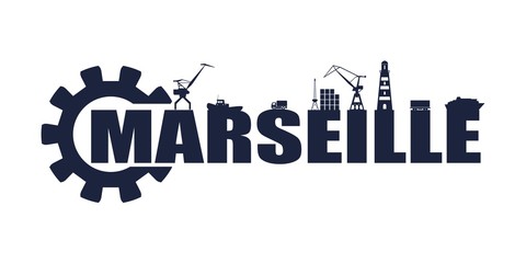 Gear with sea shipping and travel relative silhouettes.. Calligraphy inscription. Marseille city name text