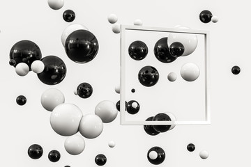 3d rendering, black and white balls with frame in the middle.