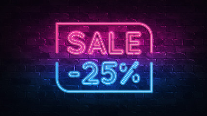 sale 25% off neon sign. purple and blue glow. neon text. Brick wall lit by neon lamps. Night lighting on the wall. 3d illustration. Trendy Design. light banner, bright advertisement