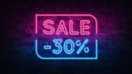 Fototapeta na wymiar sale 30% off neon sign. purple and blue glow. neon text. Brick wall lit by neon lamps. Night lighting on the wall. 3d illustration. Trendy Design. light banner, bright advertisement