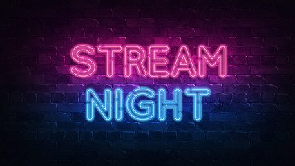 Obraz premium Stream night neon sign. purple and blue glow. neon text. Brick wall lit by neon lamps. Night lighting on the wall. 3d illustration. Trendy Design. light banner, bright advertisement