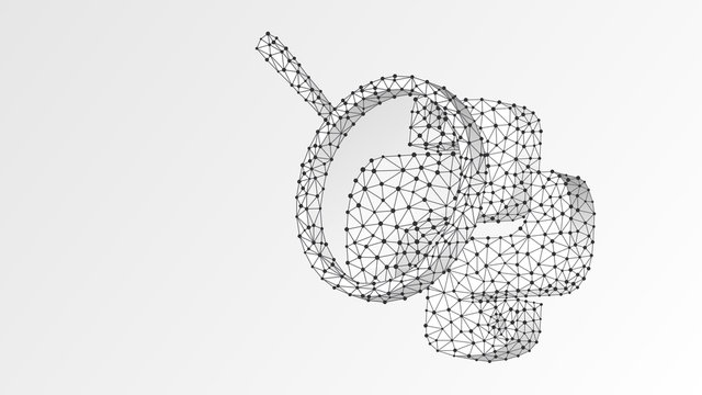 Magnifying glass Analysis of Python coding language. Research, programming, developing concept. Abstract, digital, wireframe, low poly mesh, vector white origami 3d illustration. Triangle, line, dot