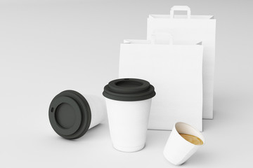 Set of white paper shopping bag and coffee cups on white background. 3d rendering