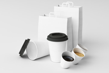 Set of white paper shopping bag and coffee cups on white background. 3d rendering