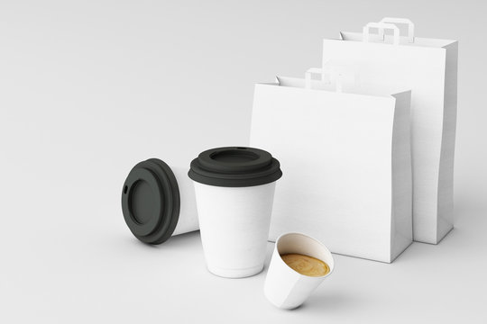 Set of white paper shopping bag and coffee cups on white background. 3d rendering