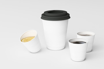 Set of white coffee cups on white background. 3d rendering