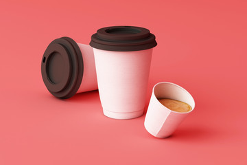 Set of white coffee cups on pink background. 3d rendering