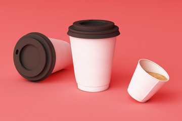 Set of white coffee cups on pink background. 3d rendering
