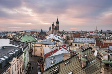 Fototapeta na wymiar Top view of Krakow city at sunset