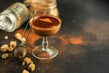 chocolate dessert (cocktail mousse) sweet food. food background. top