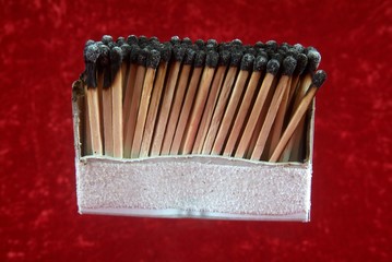 Burnout at work and over exhausted concept. Line of matches and all burnt.
