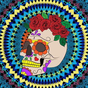 colorful illustration in ethnic style with a skull on the background of a bright ornament, a symbol of the traditional Mexican holiday Day of the dead and the Day of angels