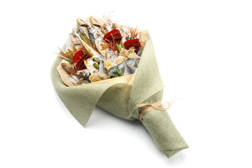 Dried fish, snack, chips, pistachios as a gift for a bachelor party