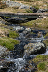 High mountain stream in spring, with a small wooden bridge. Natural Park of the Sierra de Guadarrama, Madrid, Spain