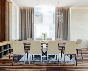 Modern italian interior design of contemporary dining room with beautiful view on countryside, mountain in background, 3d rendering