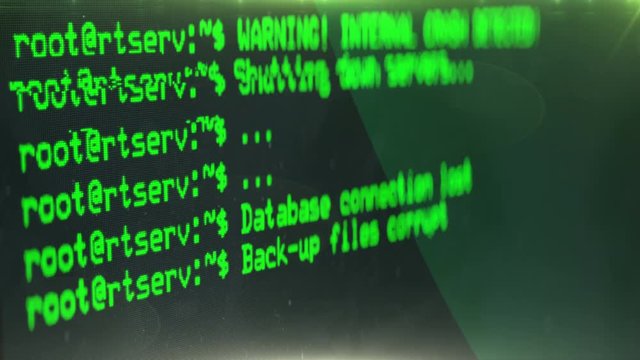 Glitchy computer screen, hacked system, database connection lost, servers down. Hacking in progress