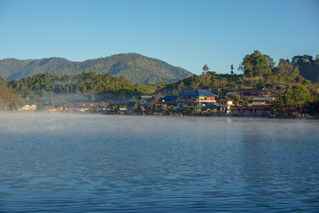 Fototapeta na wymiar View lake and morning fog in Ban rakthai,maehongson,Thailand