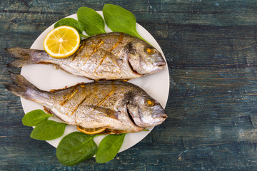 Cooked dorado fish with lemon and herbs on a plate. Top view on dark wood background.