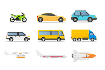 Transport types flat vector illustrations set