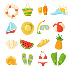Vector set with summer food, toys, clothes and symbols in cartoon style.