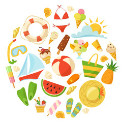 Summer design with food, toys, clothes and symbols in cartoon style. 