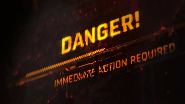 Danger, immediate actions required, radiological alert sign, emergency message. System shutdown, emergency protocol engaged