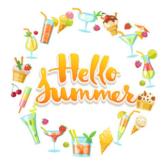 Hello summer design with cocktails and ice cream icons. 