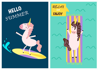 cute summer cards with unicorn part 1 - vector illustration, eps
