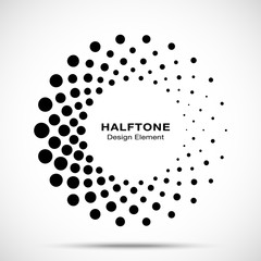 Halftone circle dotted frame circularly distributed. Vector dots logo emblem design element. Round border Icon using random halftone circle dot raster texture. Half tone circular background pattern.