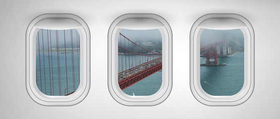San Francisco Golden Gate Bridge as seen from three airplane windows. Holiday, vacation and travel concept