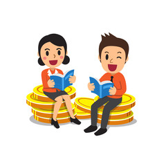 Business people reading books and sitting on big money coins stack for design.