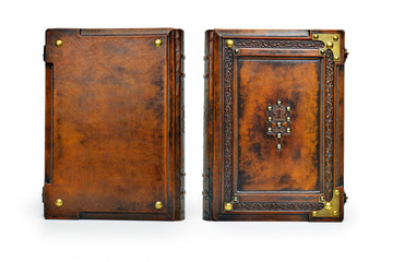 Brown leather book cover with the tree of life, Kabbalah symbol, surrounded with deeply embossed frame and metal corners - captured stand up frontal