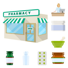 Obraz premium Vector illustration of pharmacy and pharmaceutical icon. Collection of pharmacy and health stock vector illustration.