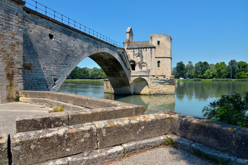 Famous Pont of Saint Bénézet or Pont d'Avignon with the Chapel of Saint Nichola on the Petit Rhône at Avignon, a commune in south-eastern France in the department of Vaucluse 