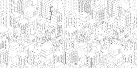 Fototapeta na wymiar Buildings city seamless pattern. Isometric top view. Vector town city street outline. Gray lines contour style rectangular background. Highly detailed.