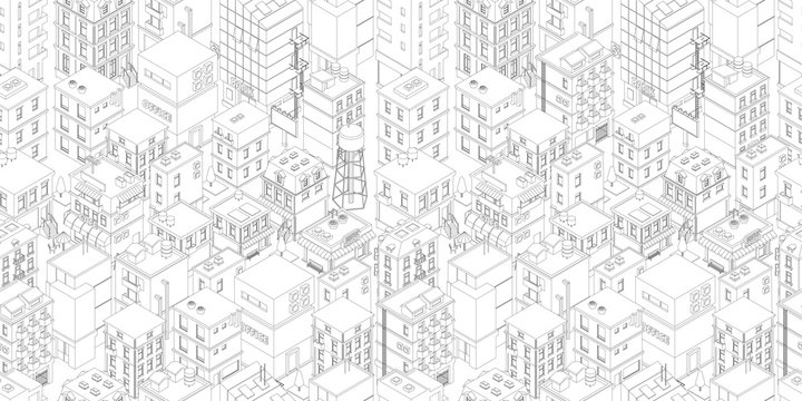 Buildings City Seamless Pattern. Isometric Top View. Vector Town City Street Outline. Gray Lines Contour Style Rectangular Background. Highly Detailed.