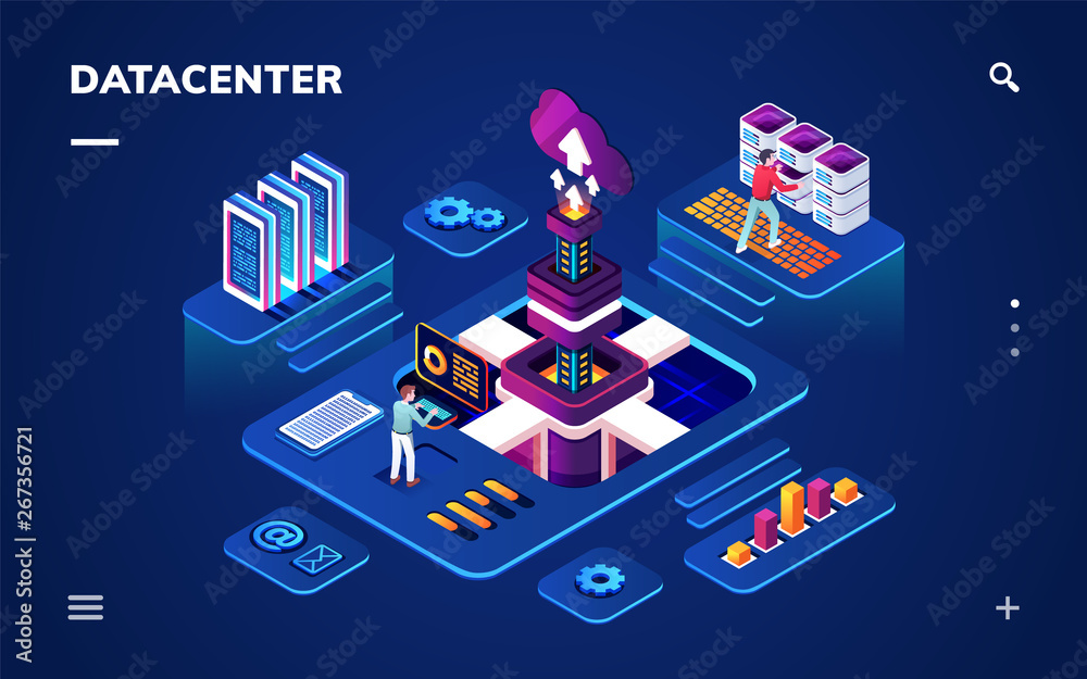 Poster Data center or centre with hardware or software engineers. Isometric room with people working with big data server or datacenter, cloud technology or database backup, internet information security