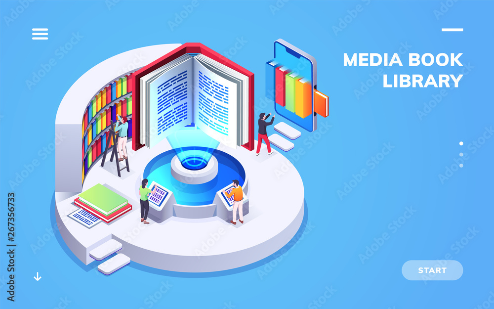 Aufkleber Isometric view on digital school or university library. Computer and smartphone, electronic book or ebook. Student in e-library or e-reader at bookstore. Online study and e-book reading. E-learning