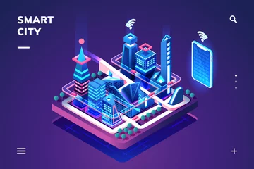 Wall murals Violet Smart city or isometric town. 3d skyscrapers and smartphone with wi-fi or internet of things, iot or gps, tracking technology. Cityscape illustration connected with phone or tablet controller. Future
