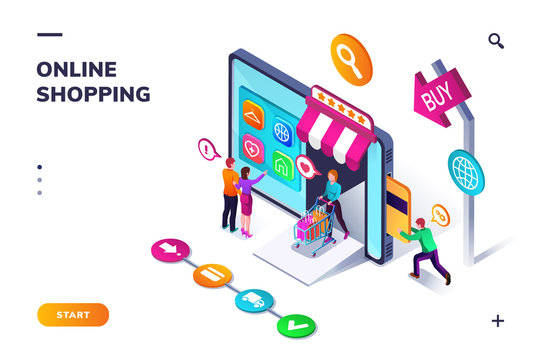 Landing page template for online shopping. Isometric shop as smartphone or tablet and credit card payment. Phone application banner for internet store. E-commerce and e-shop. Business, technology