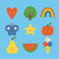 Flat colorful vector illustration set. Heart, tree, rainbow, butterfly, star, apple, pear, watermelon and ice cream.