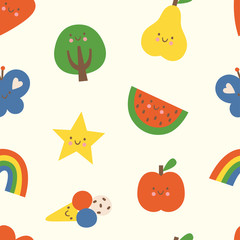 Lovely colorful seamless pattern with heart, tree, rainbow, butterfly, star, apple, pear, watermelon and ice cream/