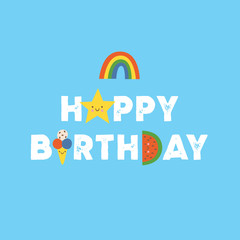 Birthday party cute cartoon colorful vector card with star, rainbow, ice cream and watermelon.