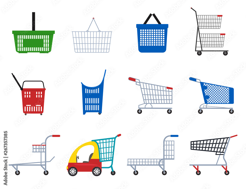 Poster Cartoon Color Supermarket Carts Icon Set. Vector